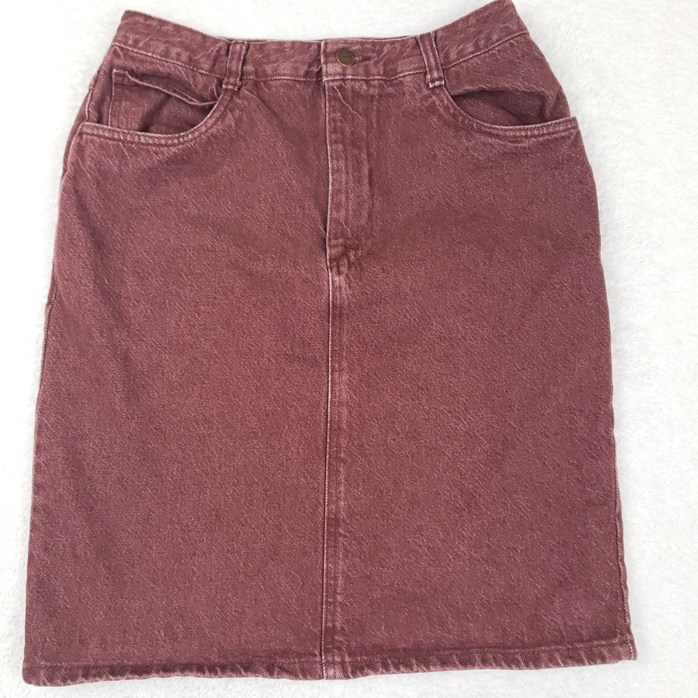 Lands End Vintage Burgundy Denim Skirt Womens 10 High Waist Made in USA Pencil